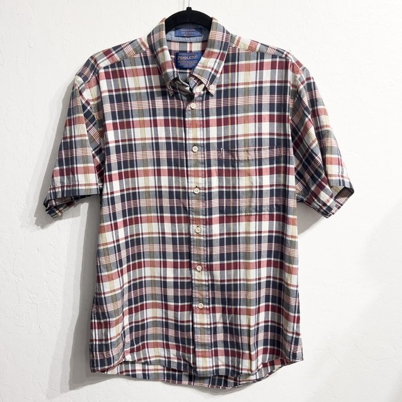 Pendleton Seaside Shirt Short Sleeve Button Down Mens Medium Navy Maroon - Picture 1 of 4